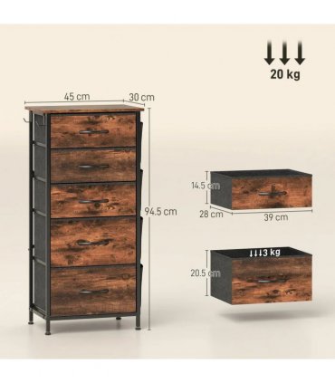 HOMCOM Chest of Five Fabric Drawers - Rustic Brown
