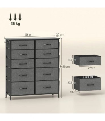 HOMCOM Chest of Ten Fabric Drawers - Charcoal Grey