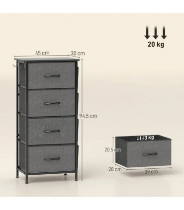 HOMCOM Chest of Four Fabric Drawers - Charcoal Grey