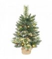 HOMCOM 60 cm Prelit Small Christmas Tree, Snow Flocked Tabletop Mini Xmas Tree with 35 LED Lights, Pine Cones and Linen Cover Base, Battery Operated, Green