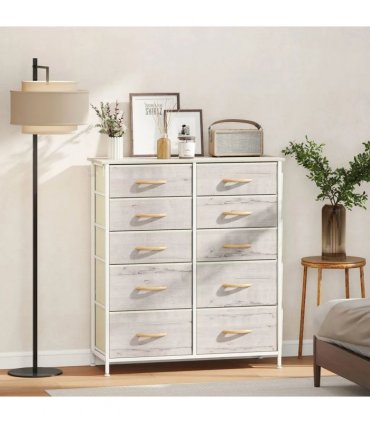 HOMCOM Chest of Ten Fabric Drawers - Natural Wood Finish