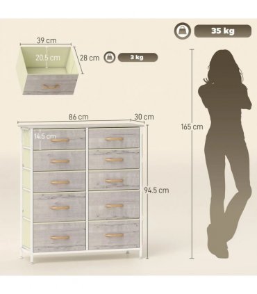 HOMCOM Chest of Ten Fabric Drawers - Natural Wood Finish