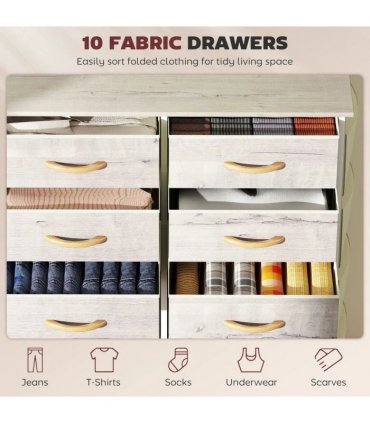 HOMCOM Chest of Ten Fabric Drawers - Natural Wood Finish