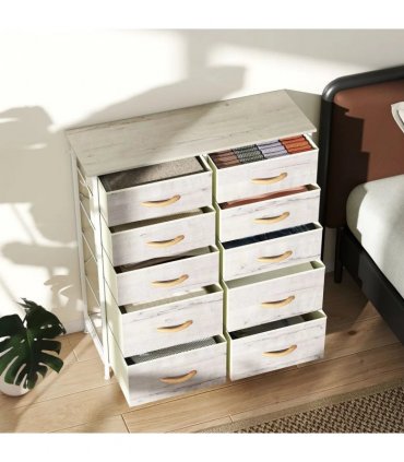 HOMCOM Chest of Ten Fabric Drawers - Natural Wood Finish