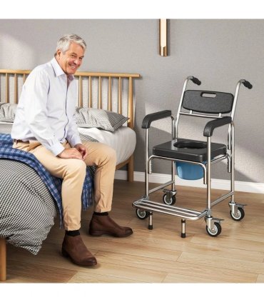 HOMCOM Transport Beside Shower Chair, 3-in-1 Commode Chair with Wheels and Padded Seat, Black