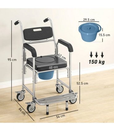 HOMCOM Transport Beside Shower Chair, 3-in-1 Commode Chair with Wheels and Padded Seat, Black