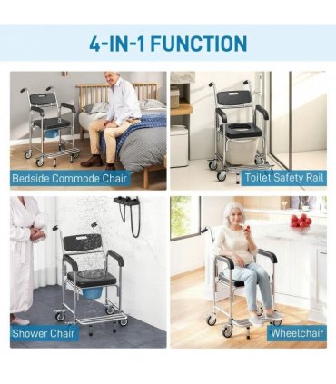 HOMCOM Transport Beside Shower Chair, 3-in-1 Commode Chair with Wheels and Padded Seat, Black