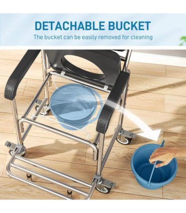 HOMCOM Transport Beside Shower Chair, 3-in-1 Commode Chair with Wheels and Padded Seat, Black