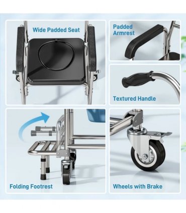 HOMCOM Transport Beside Shower Chair, 3-in-1 Commode Chair with Wheels and Padded Seat, Black