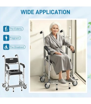 HOMCOM Transport Beside Shower Chair, 3-in-1 Commode Chair with Wheels and Padded Seat, Black