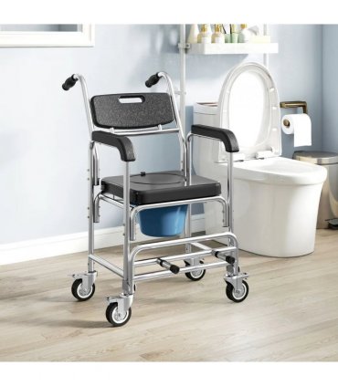 HOMCOM Transport Beside Shower Chair, 3-in-1 Commode Chair with Wheels and Padded Seat, Black
