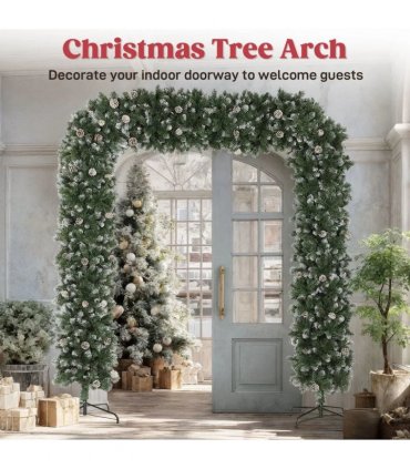 HOMCOM 8.2 ft Snow Frosted Christmas Tree Arch, Christmas Arch Doorway Decor with 2100 Tips and 96 Pinecones, Artificial Xmas Tree with Metal Stand for Indoor, Green