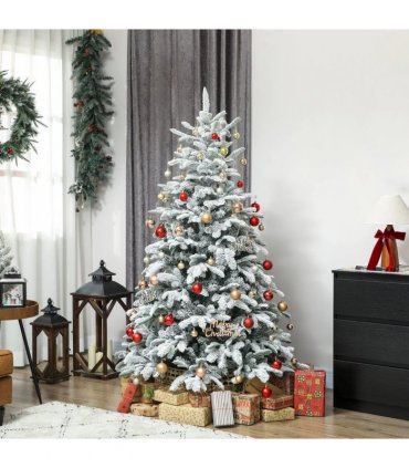 HOMCOM 6 ft Artificial Flocked Christmas Tree with 1182 Branches, Hinged Xmas Tree with Foldable Metal Stand, Easy Assembly for Home Office Decor