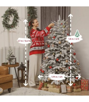 HOMCOM 6 ft Artificial Flocked Christmas Tree with 1182 Branches, Hinged Xmas Tree with Foldable Metal Stand, Easy Assembly for Home Office Decor