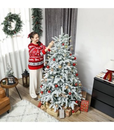 HOMCOM 6 ft Artificial Flocked Christmas Tree with 1182 Branches, Hinged Xmas Tree with Foldable Metal Stand, Easy Assembly for Home Office Decor