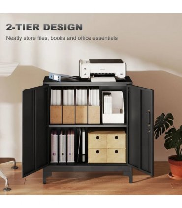 HOMCOM Lockable Metal Filing Cabinet, 2-Tier Storage Cupboard with Double Doors, Modern Office Organiser, Black