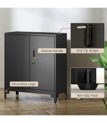 HOMCOM Lockable Metal Filing Cabinet, 2-Tier Storage Cupboard with Double Doors, Modern Office Organiser, Black