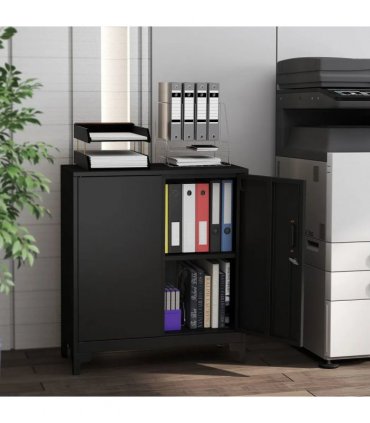 HOMCOM Lockable Metal Filing Cabinet, 2-Tier Storage Cupboard with Double Doors, Modern Office Organiser, Black