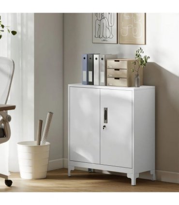 HOMCOM Lockable Metal Filing Cabinet, 2-Tier Storage Cupboard with Double Doors, Modern Office Organiser, White