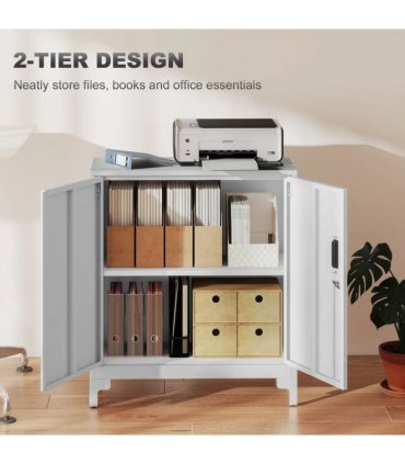 HOMCOM Lockable Metal Filing Cabinet, 2-Tier Storage Cupboard with Double Doors, Modern Office Organiser, White