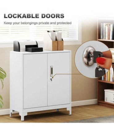 HOMCOM Lockable Metal Filing Cabinet, 2-Tier Storage Cupboard with Double Doors, Modern Office Organiser, White
