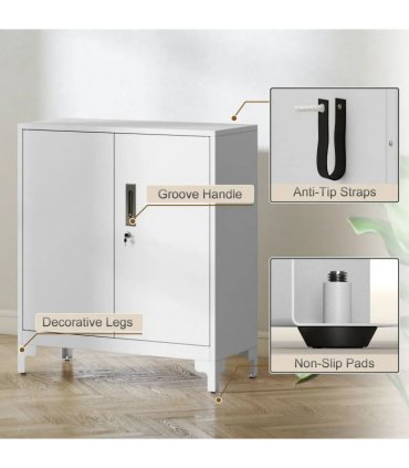 HOMCOM Lockable Metal Filing Cabinet, 2-Tier Storage Cupboard with Double Doors, Modern Office Organiser, White