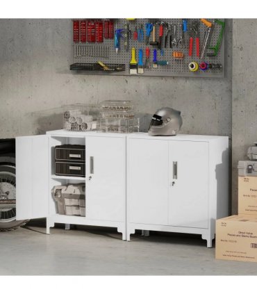 HOMCOM Lockable Metal Filing Cabinet, 2-Tier Storage Cupboard with Double Doors, Modern Office Organiser, White