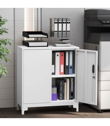 HOMCOM Lockable Metal Filing Cabinet, 2-Tier Storage Cupboard with Double Doors, Modern Office Organiser, White