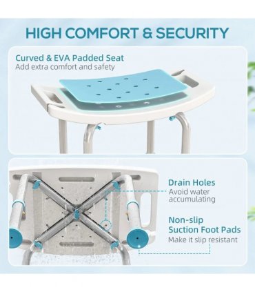 HOMCOM Shower Chair, Adjustable Height Shower Stool with Aluminium Frame and Non-Slip Feet, Bathtub Stool Seat with Padded Seat for Elderly Disabled Handicap, Turquoise