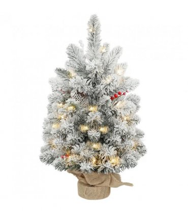 HOMCOM 60 cm Prelit Small Christmas Tree with 35 LED Lights, Snow Flocked Tabletop Mini Xmas Tree with 72 Dense Branches, Pine Cones, Berry Clusters and Linen Cover Base, Battery Operated, Green