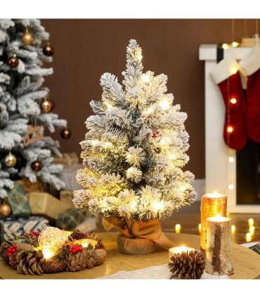 HOMCOM 60 cm Prelit Small Christmas Tree with 35 LED Lights, Snow Flocked Tabletop Mini Xmas Tree with 72 Dense Branches, Pine Cones, Berry Clusters and Linen Cover Base, Battery Operated, Green