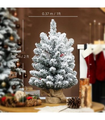 HOMCOM 60 cm Prelit Small Christmas Tree with 35 LED Lights, Snow Flocked Tabletop Mini Xmas Tree with 72 Dense Branches, Pine Cones, Berry Clusters and Linen Cover Base, Battery Operated, Green