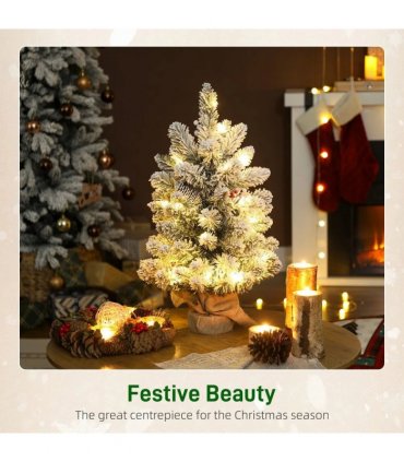 HOMCOM 60 cm Prelit Small Christmas Tree with 35 LED Lights, Snow Flocked Tabletop Mini Xmas Tree with 72 Dense Branches, Pine Cones, Berry Clusters and Linen Cover Base, Battery Operated, Green