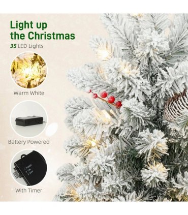 HOMCOM 60 cm Prelit Small Christmas Tree with 35 LED Lights, Snow Flocked Tabletop Mini Xmas Tree with 72 Dense Branches, Pine Cones, Berry Clusters and Linen Cover Base, Battery Operated, Green
