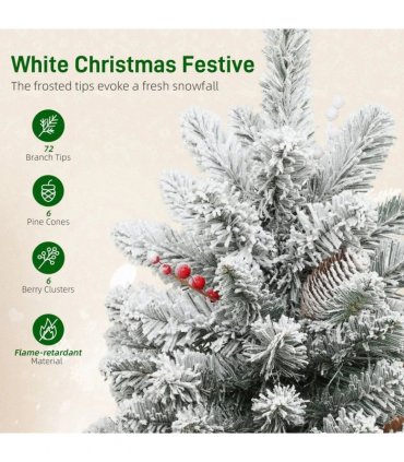HOMCOM 60 cm Prelit Small Christmas Tree with 35 LED Lights, Snow Flocked Tabletop Mini Xmas Tree with 72 Dense Branches, Pine Cones, Berry Clusters and Linen Cover Base, Battery Operated, Green