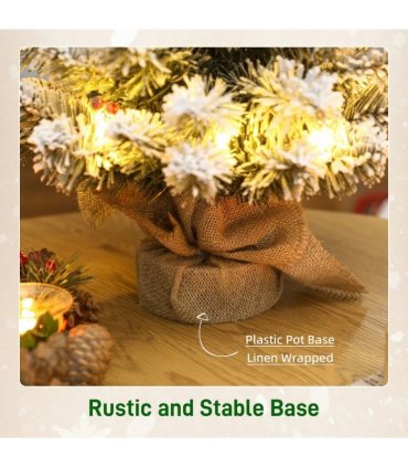 HOMCOM 60 cm Prelit Small Christmas Tree with 35 LED Lights, Snow Flocked Tabletop Mini Xmas Tree with 72 Dense Branches, Pine Cones, Berry Clusters and Linen Cover Base, Battery Operated, Green