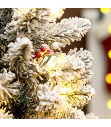 HOMCOM 60 cm Prelit Small Christmas Tree with 35 LED Lights, Snow Flocked Tabletop Mini Xmas Tree with 72 Dense Branches, Pine Cones, Berry Clusters and Linen Cover Base, Battery Operated, Green