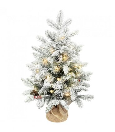 HOMCOM 60 cm Prelit Small Christmas Tree with 35 LED Lights, Snow Flocked Tabletop Mini Xmas Tree with Pine Cones, Berry Clusters and Linen Cover Base, Battery Operated, Green