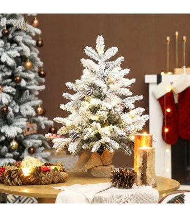HOMCOM 60 cm Prelit Small Christmas Tree with 35 LED Lights, Snow Flocked Tabletop Mini Xmas Tree with Pine Cones, Berry Clusters and Linen Cover Base, Battery Operated, Green