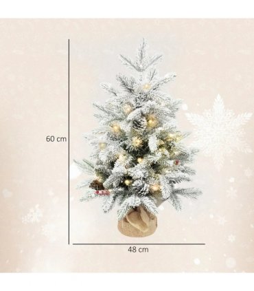 HOMCOM 60 cm Prelit Small Christmas Tree with 35 LED Lights, Snow Flocked Tabletop Mini Xmas Tree with Pine Cones, Berry Clusters and Linen Cover Base, Battery Operated, Green
