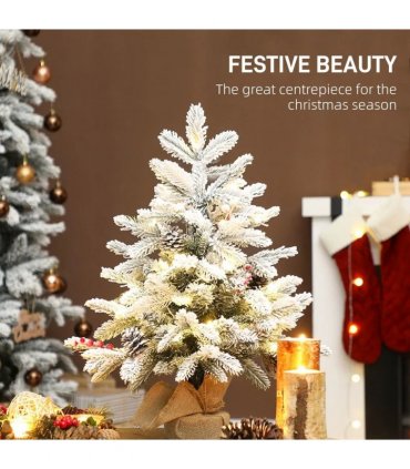HOMCOM 60 cm Prelit Small Christmas Tree with 35 LED Lights, Snow Flocked Tabletop Mini Xmas Tree with Pine Cones, Berry Clusters and Linen Cover Base, Battery Operated, Green