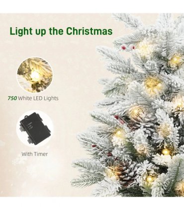 HOMCOM 60 cm Prelit Small Christmas Tree with 35 LED Lights, Snow Flocked Tabletop Mini Xmas Tree with Pine Cones, Berry Clusters and Linen Cover Base, Battery Operated, Green