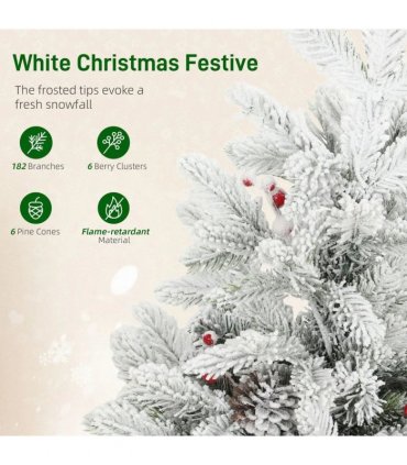 HOMCOM 60 cm Prelit Small Christmas Tree with 35 LED Lights, Snow Flocked Tabletop Mini Xmas Tree with Pine Cones, Berry Clusters and Linen Cover Base, Battery Operated, Green