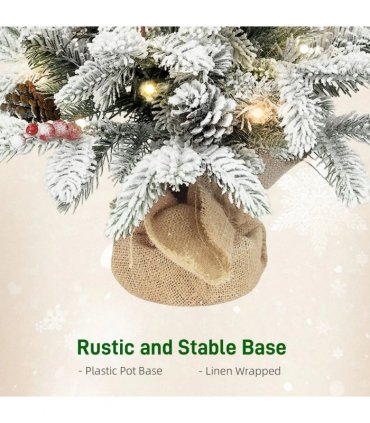 HOMCOM 60 cm Prelit Small Christmas Tree with 35 LED Lights, Snow Flocked Tabletop Mini Xmas Tree with Pine Cones, Berry Clusters and Linen Cover Base, Battery Operated, Green