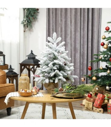 HOMCOM 60 cm Prelit Small Christmas Tree with 35 LED Lights, Snow Flocked Tabletop Mini Xmas Tree with Pine Cones, Berry Clusters and Linen Cover Base, Battery Operated, Green