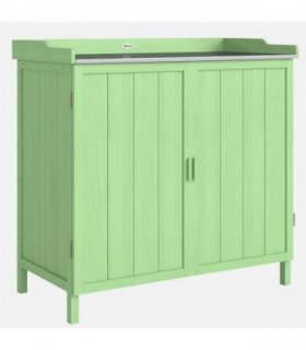 Outsunny Wood Garden Storage Cabinet, Outdoor Tool Shed, Potting Bench Table with galvanised Top and Two Shelves for garden Tools or Pool Accessories, Green
