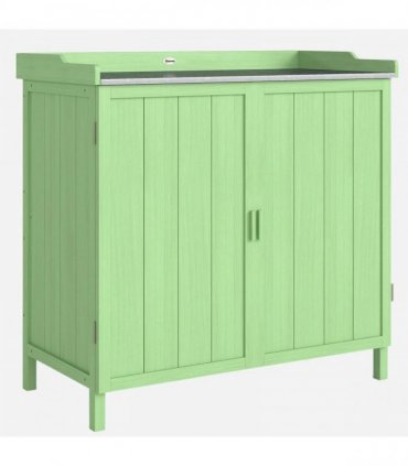 Outsunny Wood Garden Storage Cabinet, Outdoor Tool Shed, Potting Bench Table with galvanised Top and Two Shelves for garden Tools or Pool Accessories, Green