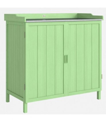 Outsunny Wood Garden Storage Cabinet, Outdoor Tool Shed, Potting Bench Table with galvanised Top and Two Shelves for garden Tools or Pool Accessories, Green