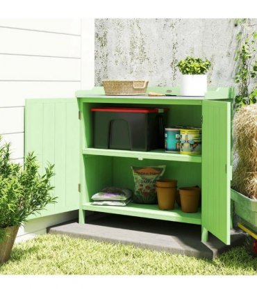 Outsunny Wood Garden Storage Cabinet, Outdoor Tool Shed, Potting Bench Table with galvanised Top and Two Shelves for garden Tools or Pool Accessories, Green