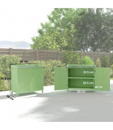 Outsunny Wood Garden Storage Cabinet, Outdoor Tool Shed, Potting Bench Table with galvanised Top and Two Shelves for garden Tools or Pool Accessories, Green